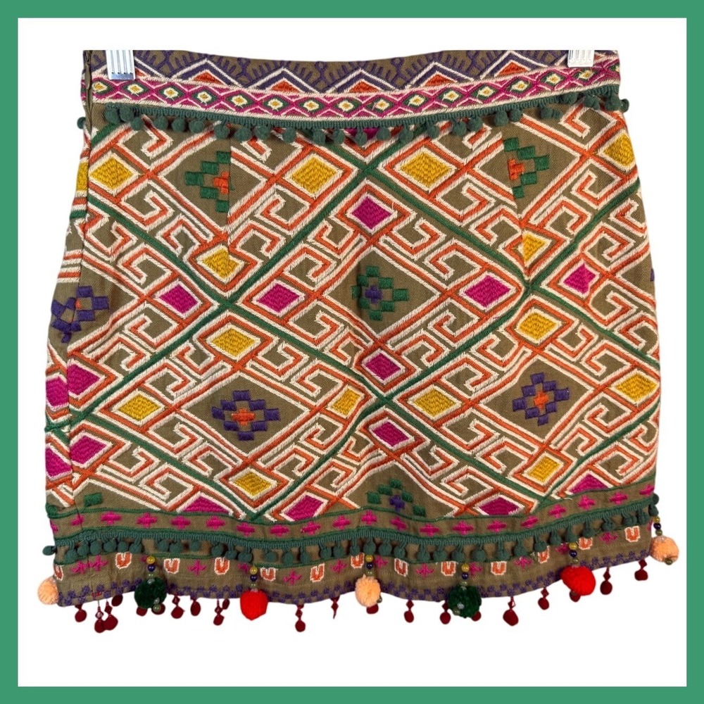 Mango Embroidered Mini Skirt Festival Bohemian Pom Pom‎ Trim Olive Green 4